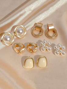 5 Pairs Vintage Textured Metal Geometric Floral Stud Earrings, Faux Pearl French Minimalist Unique Design Earring Set, Versatile Fashion Accessory For Women's Daily And Holiday Outfits - red yellow - View 1