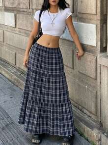 Women's Casual A Line Long Plaid Polyester Skirt With Slight Stretch Fabric Perfect For Everyday Wear - Multicolor - View 4