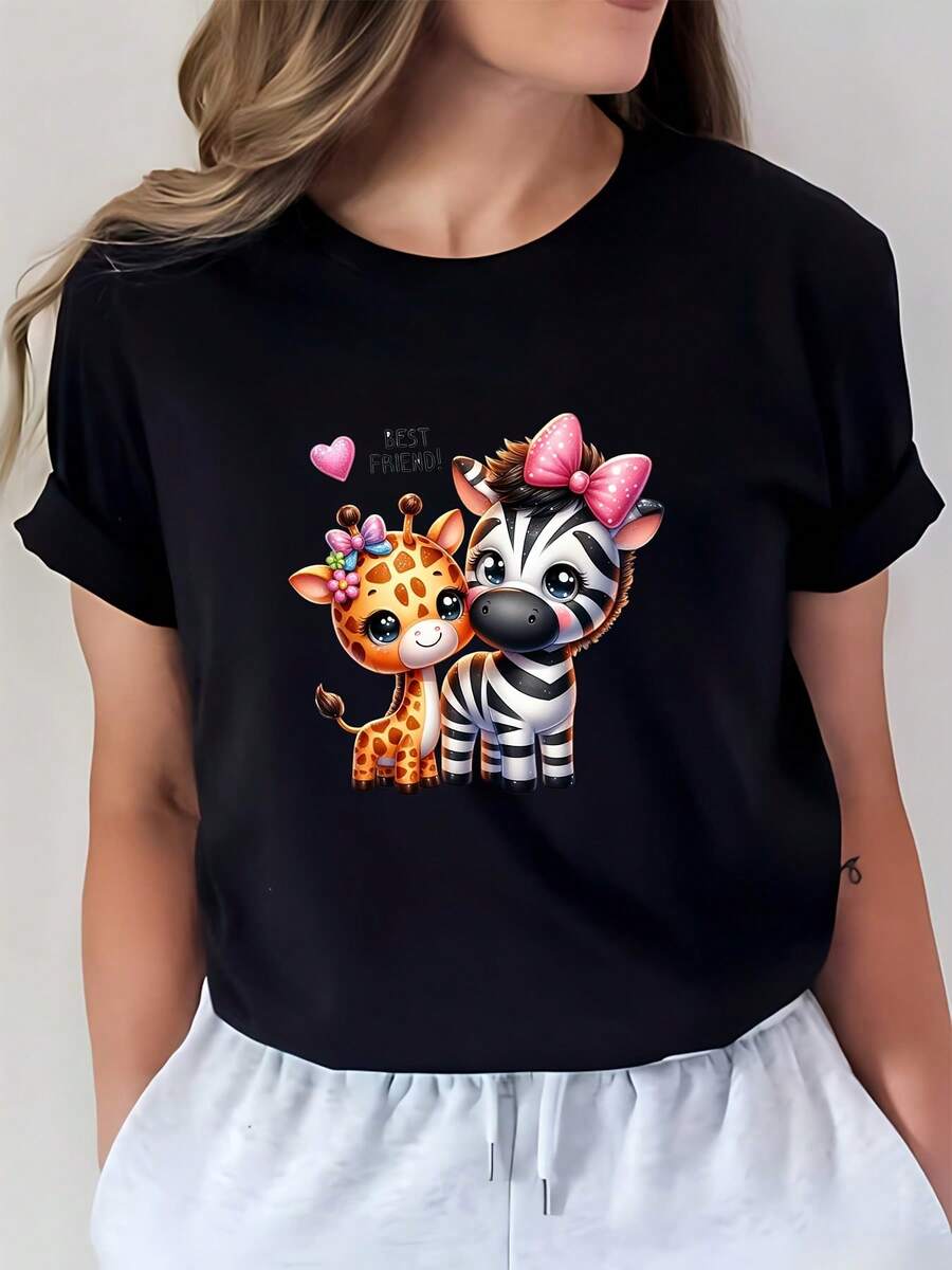 Camiseta suave y cómoda para mujer | Lindo diseño de jirafa y cebra | El regalo perfecto para familiares y amigos | Estilo Casual de Verano | Formación de equipos y vestimenta de oficina | Camiseta ligera y transpirable | Apariencia moderna y a la moda | Amante de los animales. Camiseta de manga corta cómoda y versátil. - Negro - Ver 1