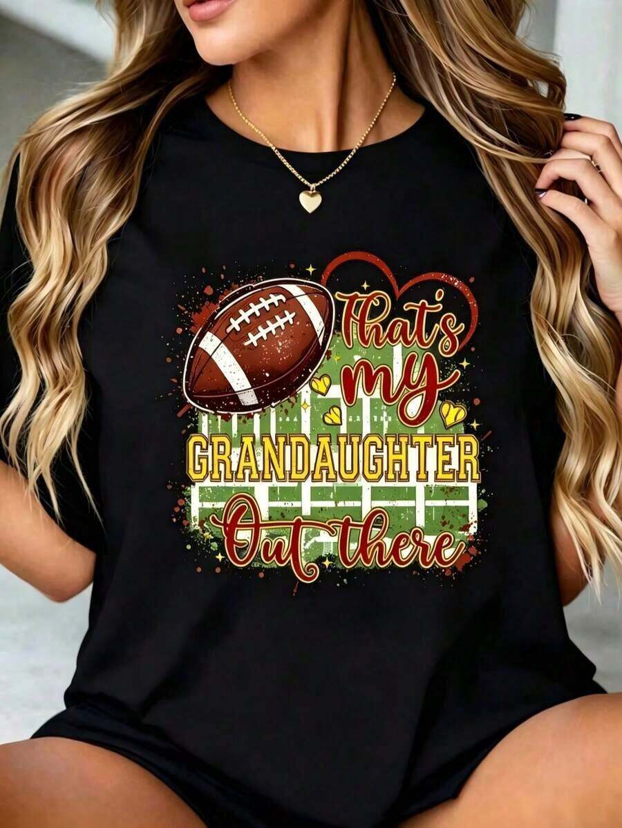 White T-Shirt, 100% Mexican Cotton, With "That's My Granddaughter Playing Softball, Grandma" Print, Spring Tops For Women, Fashionable Summer Cotton T-Shirt - 黑色4 - 查看 1