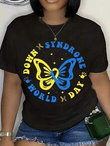 Butterfly Awareness T-Shirt For World Down Day For Women And Men, Unisex Casual Wear, Gift For Special Needs Advocacy Events, 220g - Vintage Urban Style, Unisex Loose Fit Pure Cotton Short Sleeve Crew Neck T-Shirt, 100% Pure Cotton. - 黑色 - 查看 3