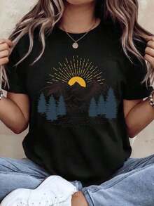 Women's Nature-Inspired Mountain Sunset Landscape Print T-Shirt For Outdoor Adventures, Summer Casual Wear With Pine Tree And Sun Design, 220g - Urban Vintage Style, Unisex, 100% Pure Cotton, Short Sleeve, Crew Neck - 黑色 - 查看 1