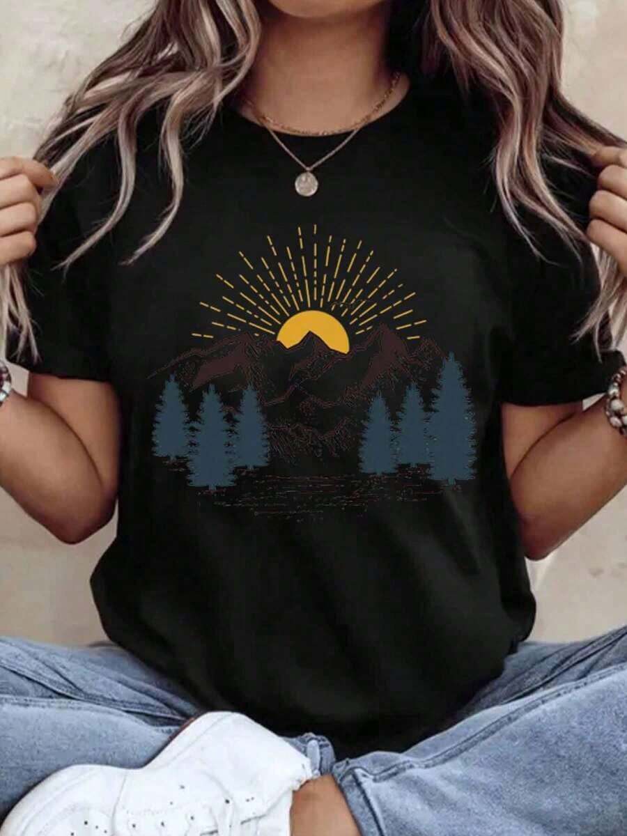 Women's Nature-Inspired Mountain Sunset Landscape Print T-Shirt For Outdoor Adventures, Summer Casual Wear With Pine Tree And Sun Design, 220g - Urban Vintage Style, Unisex, 100% Pure Cotton, Short Sleeve, Crew Neck - 黑色 - 查看 1