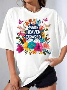 Women's White Floral Print T-Shirt, Oversized White T-Shirt With 'Make Heaven Crowded' Text Design And Colorful Flowers, Casual Summer Outfit For Women, Casual Printed T-Shirt For Outdoor Parties, 100% Cotton - 白色 - 查看 5