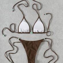 New 2026 Solid Color Bikini With Beaded Straps, Sexy Two-Piece Swimsuit For Women. - JY1073-新增 - 查看 5