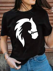 Women's Modern, Casual T-Shirt, Perfect For Parties And Lounging At Home, 100% Cotton, Loose Fit. Graphic Tees Horse Head Print T-Shirt, Short Sleeve Crew Neck Casual Top For Summer & Spring, Women's Clothing 100% Cotton - 黑色 - 查看 1