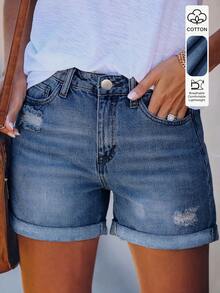 Women's Solid Color Casual Loose Cuffed Denim Shorts, Versatile Daily Wear Summer - Dark Wash - View 3