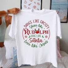 Gift - Short-Sleeved T-Shirt With Christmas-Themed Letter Print, Oversized Round Neck, Casual Women's Clothing, Suitable For Summer And Spring, Soft. - 白色 - 查看 1