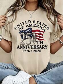 American Independence 250th Anniversary Patriotic Theme Women's T-Shirt - 1776-2026 Independence Day Design, Featuring The American Flag And The Words "250th Anniversary," Comfortable Crew Neck Short-Sleeve Casual T-Shirt, Machine Washable. 100% Cottonsummer Outfits For Women,Vacation Outfits Women - 杏色 - 查看 9