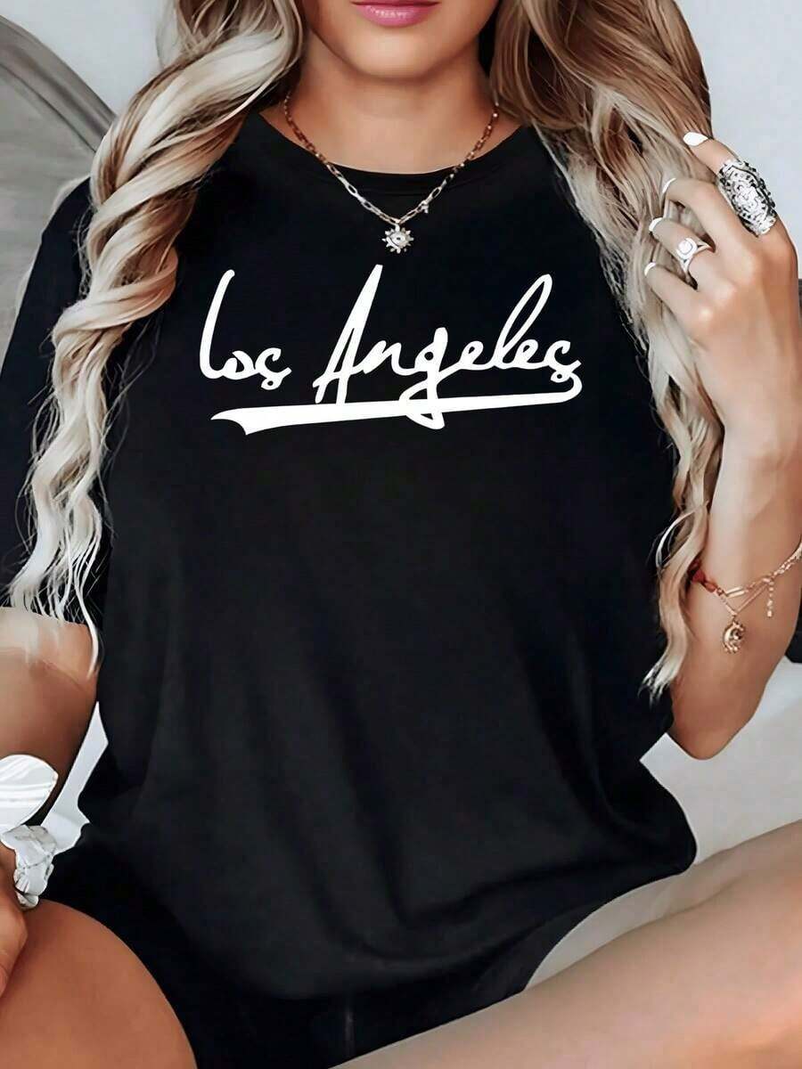 100% Cotton. Iconic Text Celebrating The Vibrant Energy And Free Spirit Of Los Angeles With Modern Artistic Typography. Women's 100% Cotton 220g T-Shirt. Women's Simple Solid Color T-Shirt, Loose And Slim Fit Casual Short Sleeve - 黑色 - 查看 1