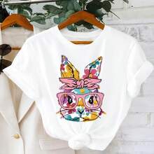 Women's Cotton T-Shirt With Easter Bunny Print, Short Sleeve, Round Neck, Casual Style With Floral Rabbit Graphic, Loose Fit For Spring Holidays, Soft Sizes - White - View 7