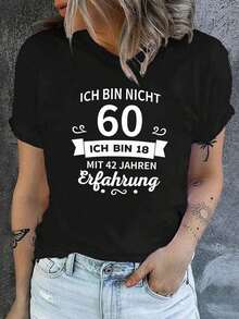 Women's T-Shirt With The Number 60 For A 60th Birthday - '60' Print, Short Sleeves, Round Neck, Comfortable And Casual Clothing For 60-Year-Old Women, Outfit Or Gift For Everyday Celebration. - 黑色 - 查看 7