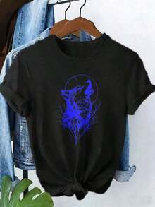Women's Premium Graphic T-Shirt With Wolf Meowing At The Moon, Casual Loose Fit With Natural Design, Summer Clothing Option, Gift Idea - 黑色 - 查看 3
