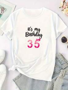 1 Piece Of Y2K Style Women's Casual Short-Sleeved Sports T-Shirt With "This Is My 35th Birthday" Print, Birthday Gift. Elegant Party Outfit, T-Shirt For Elegant Ladies, Blouses Suitable For Curvy Women, Casual Wear, Cool And Sweat-Free Summer Clothing, Fun Letter Print. - 白色 - 查看 3