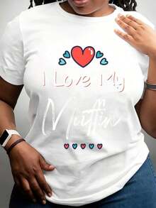 Women's T-Shirt, Black Round Neck T-Shirt With Heart Design And 'I Love My Muffin' Text, Casual Women's Clothing, Everyday Outfit, Summer Style - 白色 - 查看 1