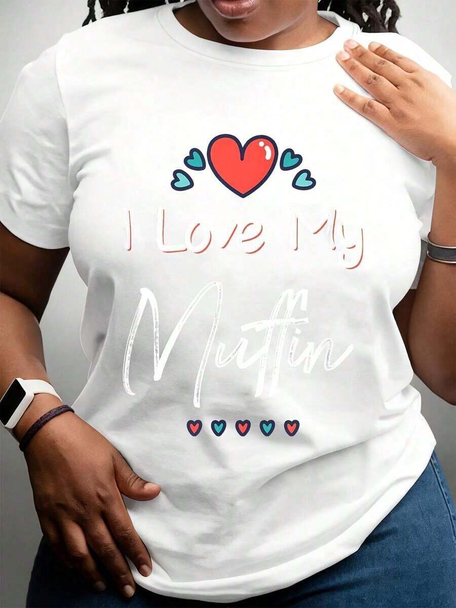 Women's T-Shirt, Black Round Neck T-Shirt With Heart Design And 'I Love My Muffin' Text, Casual Women's Clothing, Everyday Outfit, Summer Style - 白色 - 查看 1