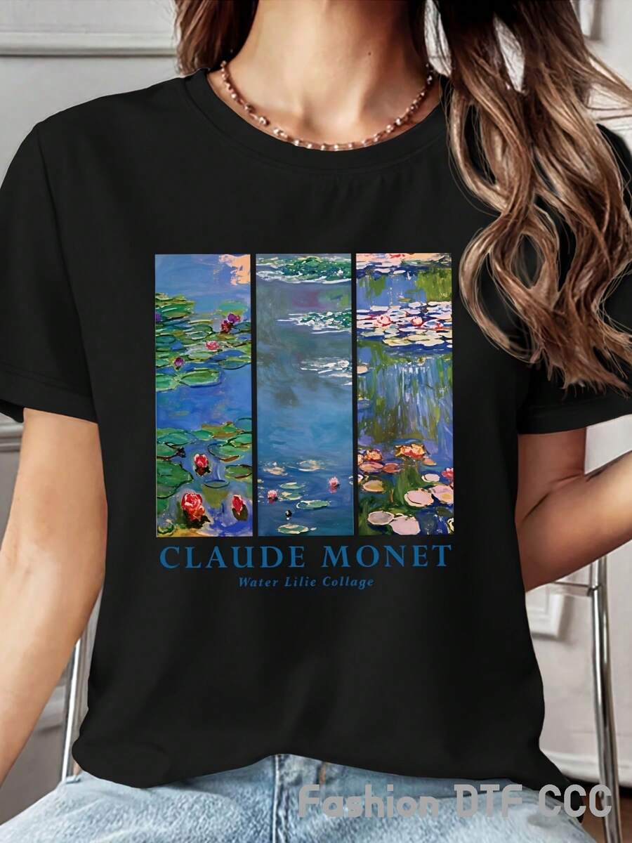Women's Elegant And Beautiful Pure Cotton T-Shirt Y2K Style, Fashionable Short Sleeve Top, Urban Hip Hop Style, Casual And Breathable, Printed Design, Ideal For Beach Trips, Gym, Summer Clothes, Outdoor Sports, Gift, Artistic Water Lily Pattern. - 黑色 - 查看 1