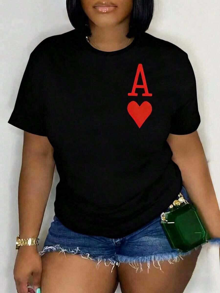 Soft 100% Cotton T-Shirt, Local Shipping - Women's Elegant Pure Cotton Casual Wear, White Round Neck T-Shirt With Red Heart Print, Loose And Comfortable Fit, Perfect For Spring/Summer/Autumn, Medium Stretch Fabric, Appliqué Detail, Essential For Vacation, Breathable Cotton T-Shirt, Goes With Everything. - 黑色 - 查看 1