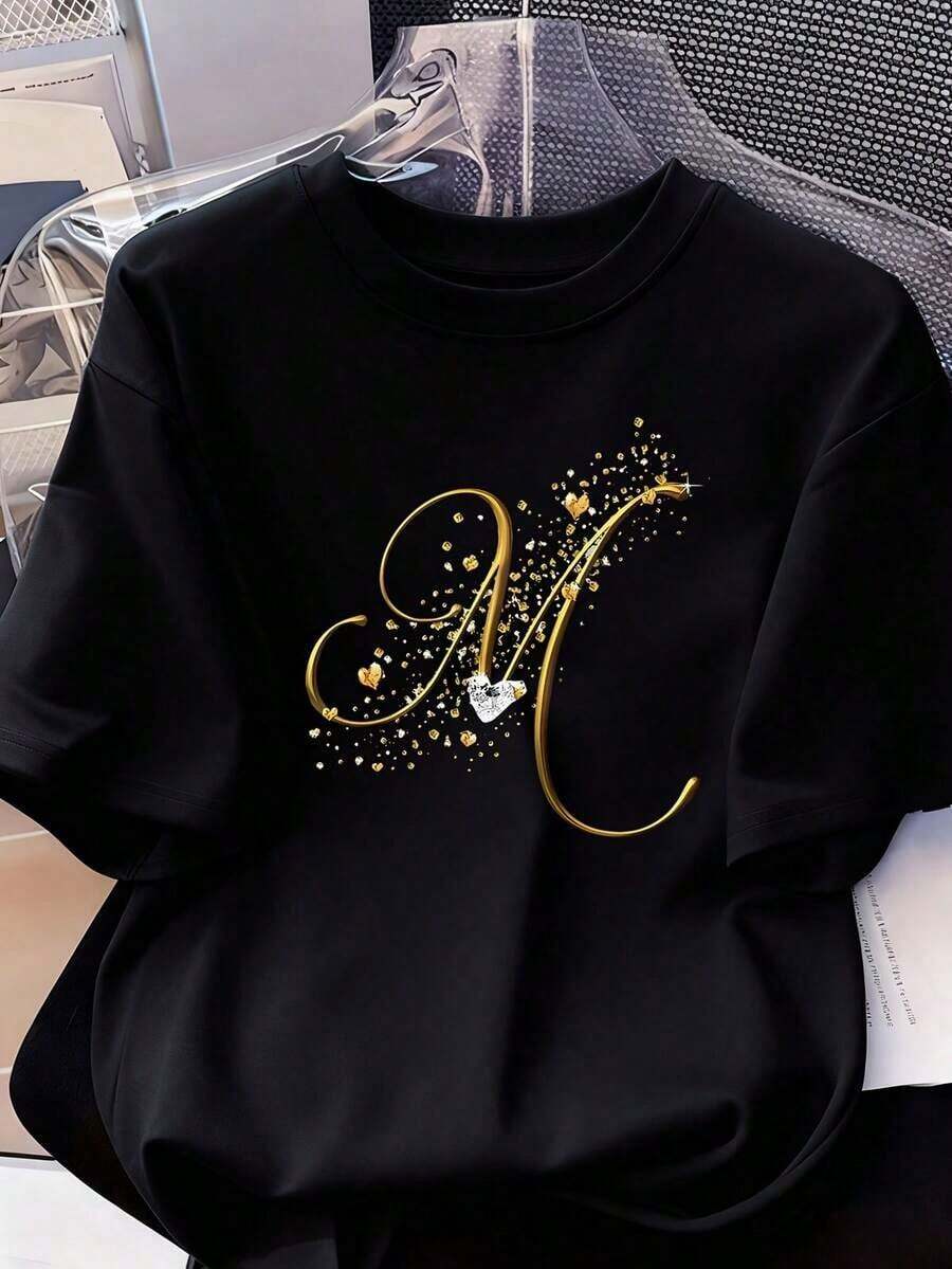 Soft 100% Cotton Women's Short-Sleeved Casual T-Shirt - Printed With The Letter M, Regular Fit, Round Neck, Suitable For All Seasons, Women's Clothing, Breathable Cotton T-Shirt, Matches Everything. - 黑色 - 查看 1