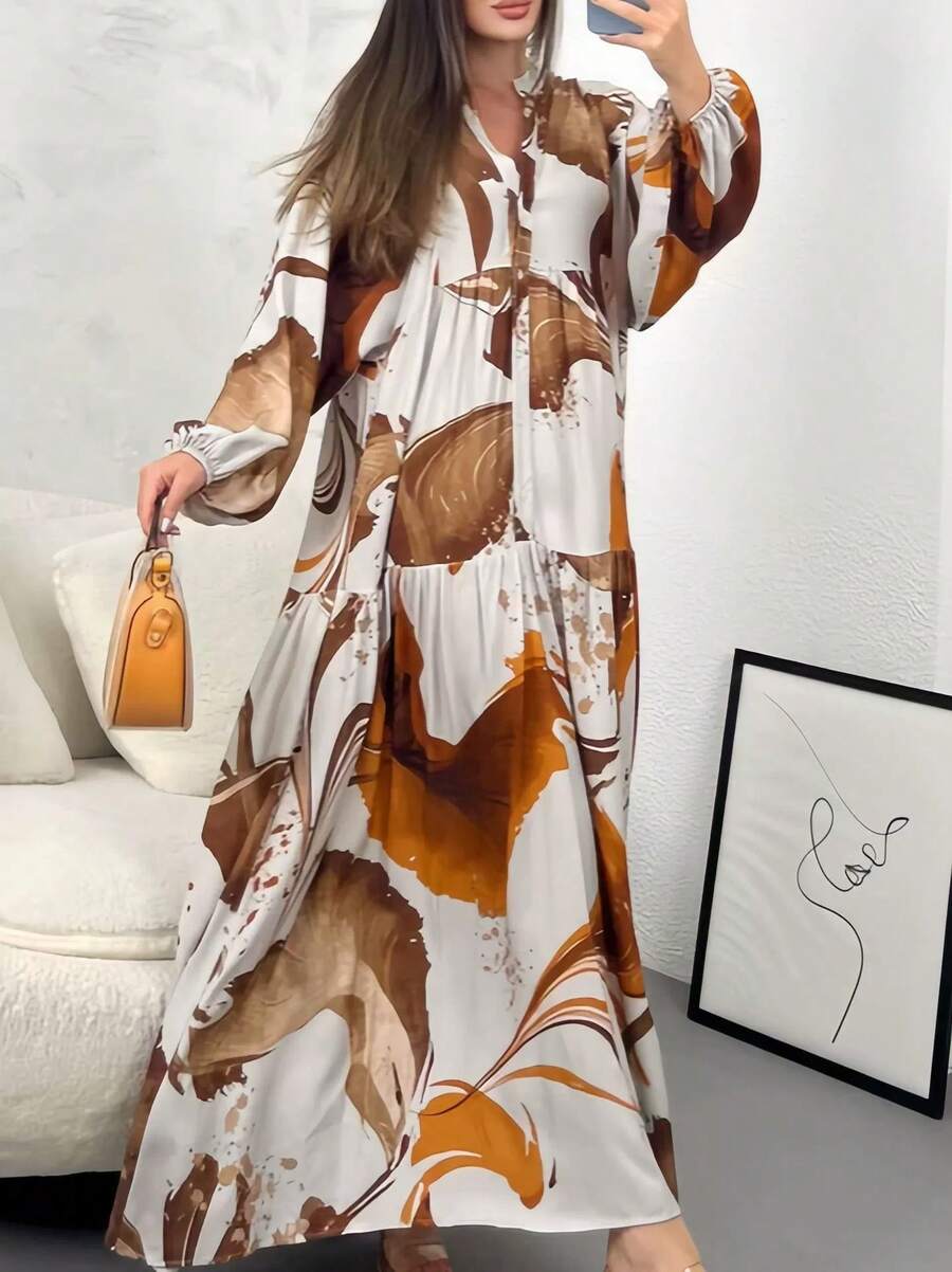 Women's Casual Maxi Dress, V-Neck With Abstract Print And Long Sleeves, Multiple Colors Available, Summer And Beach Dress - Medium Wash - View 1