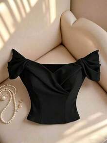 Blusa corta elegante de estilo francés con diseño plisado, cintura ceñida, efecto estilizante, de moda, de alta gama, refinada, para verano - Negro - Ver 1