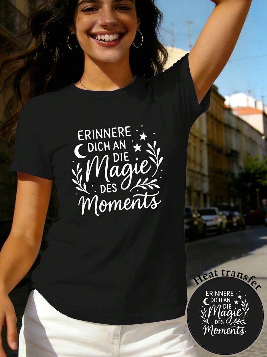 Women's Short-Sleeved T-Shirt, Regular Fit - 2D Geometric Design That Evokes The Magic Of The Moment, Unique, Casual Design, Short Sleeves And Round Neck, Suitable For All Seasons, With Multiple Color And Size Options, Festive, Retro, Aesthetic Style, Breathable Material, Fun Print - High Quality For Summer. - màu đen - Xem 1