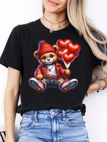 Plus Size - Plus Size - Women's Casual Crew Neck T-Shirt | Short Sleeve, Unique Print, Suitable For Everyday Wear, An Ideal Gift For Friends And Family, Plus Size. - 黑色 - 查看 7