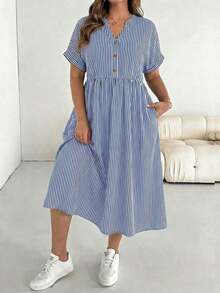 Vestido de Verano Casual a Rayas con Cuello Recortado y Manga Corta Talla Grande - Azul y blanco - Ver 3