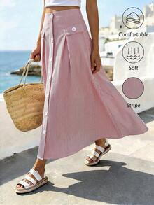 Women's Casual A-Line Skirt With Striped Front Buttons - Grey - View 1