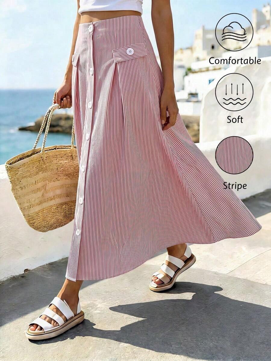 Women's Casual A-Line Skirt With Striped Front Buttons - Grey - View 1