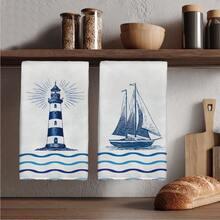 2pcs Blue Ocean Lighthouse, Sailboat & Wave Pattern Kitchen Towels, Rectangular Super Soft Microfiber Kitchen Towels, Dish Cloths, Cleaning Rags, Hand Towels, Cooking Baking Tea Towels, Kitchen Decor, Housewarming Gift, Birthday Gift, Bathroom Cleaning Wipes, Decorative Towels - Multicolor - View 1