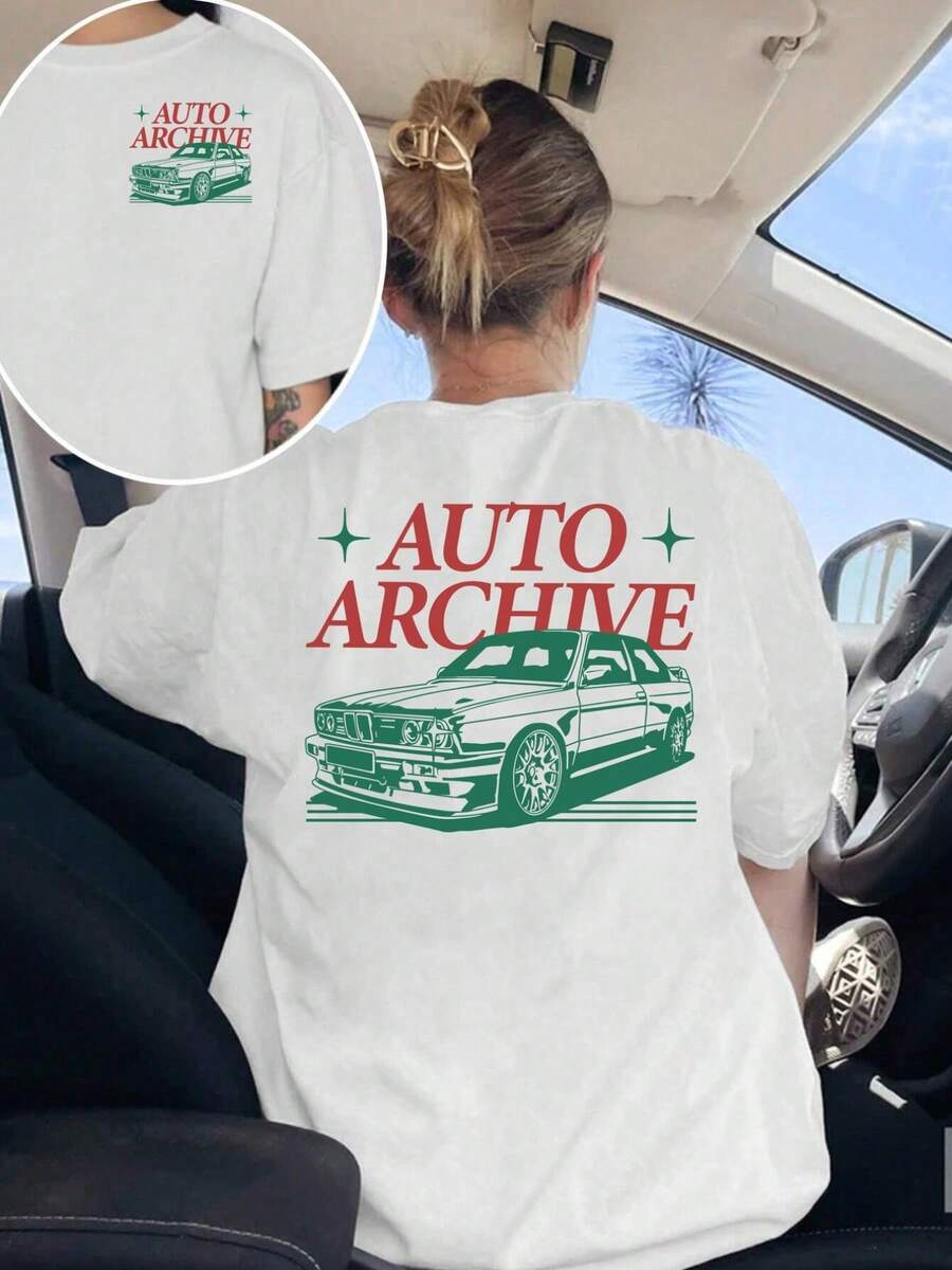 | Exquisite Design | Loose And Comfortable | Easy To Match | T-Shirt With Front And Back Print, AUTO ARCHIVE, Classic Car Print, Round Neck, Casual Short Sleeve For Women, Comfortable Fit, Soft To The Touch Fabric, Classic Design, A Must-Have Fashion Item For Women. - 白色 - 查看 1