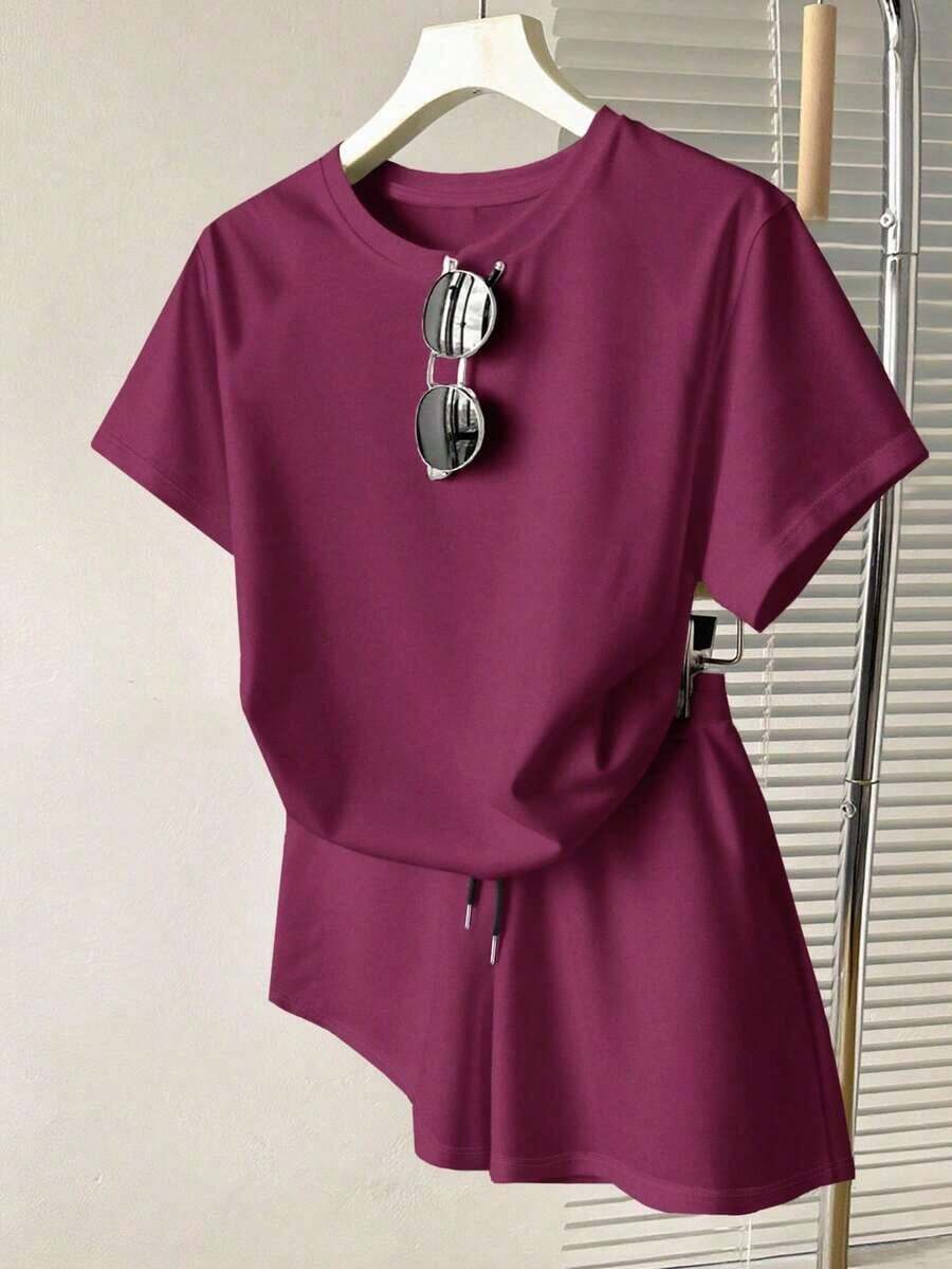 Conjunto casual diario de top de manga corta de cuello redondo de unicolor y shorts con cordón en la cintura para mujer - Rosa Fucsia - Ver 1