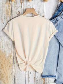 Short-Sleeved T-Shirt With Bus Print, Casual Round Neck Top For Spring And Summer, Women's Clothing, Round Neck, 100% Cotton, Soft Fabric, Short Sleeve. - 杏色 - 查看 3