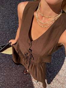 Conjunto de 2 piezas de mujer con falda plisada con cintura anudada y escote en V sin mangas, atuendo de verano para vacaciones - Camel - Ver 6