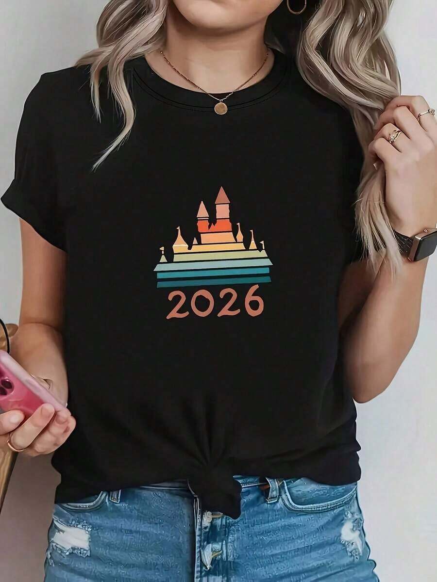 Women's T-Shirt, Castle 2026 Print, Black Short-Sleeved Crew Neck Printed T-Shirt - Machine Washable, Suitable As A Birthday, Easter, Mother's Day Gift, Casual Black Short-Sleeved Crew Neck T-Shirt For Women. - 黑色 - 查看 1