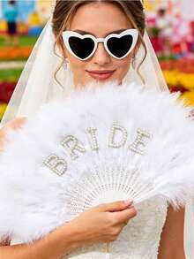 Elegant Pearl Inlaid Bridal Fan, Suitable For Brides-To-Be, Non-Foldable Handheld Style, Applicable For Weddings And Bachelorette Parties - Multicolor - View 12