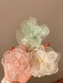 3 piezas Clip de pelo de tul con estampado floral dulce y etéreo - Clip para flequillo lateral bohemio para mujeres, accesorio para vacaciones y playa con acento central de flor - Multicolor - Ver 8