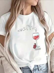 Camiseta de manga corta ligera y duradera con gráfico de copa de vino y evolución, ideal para salidas casuales en casa, restaurantes u oficina, perfecta para disfrutar el viernes, disponible en varias opciones - [Blanco] - Ver 7