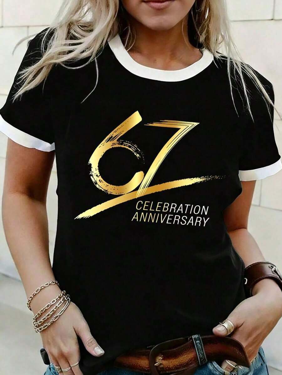 Camiseta de manga corta con cuello redondo y estampado de criaturas marinas para mujer - Negro - Ver 1
