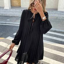 Vestido de manga larga a rayas, estilo francés, plisado, vestido negro de mujer de manga larga de temporada, ropa de mujer retro, elegante - Burdeos - Ver 2