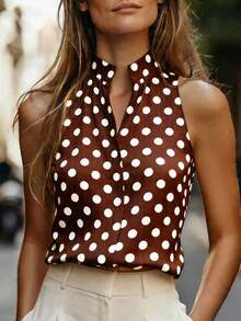 Blusa de mujer casual sin mangas con estampado de lunares, cuello en V, top de mujer, camiseta de mujer, con lunares, retro, diaria, de verano, de vacaciones - Marrón - Ver 6