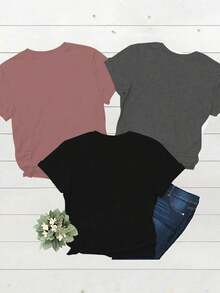 3 piezas Camiseta de mujer con combinación de estampado de leopardo y floral con forma de corazón, camisetas gráficas de verano para mujeres - Multicolor 2 - Ver 2