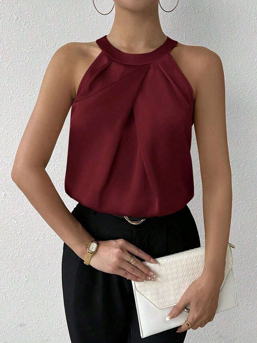 Privé Blusa de satén sin mangas con cuello de volantes de unicolor elegante para la oficina y el trabajo, color champán - Burdeos - Ver 1