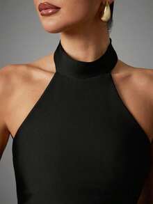 Top de tirantes ajustado y corto de color liso casual para mujer - Negro - Ver 2