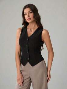 Tall Cárdigan casual de mujer de unicolor con cuello en V y sin mangas - Negro - Ver 6
