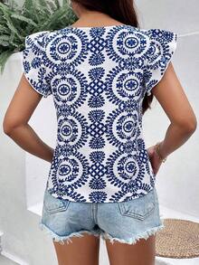 Frenchy Camisa suelta para mujer de vacaciones informales de primavera/verano con cuello cuadrado, mangas cortas con volantes y estampado de bordado geométrico. - Azul y blanco - Ver 2