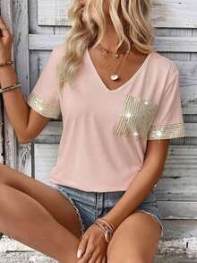LUNE Camiseta de mujer casual de manga corta con cuello en V, parches y lentejuelas - Rosa - Ver 8