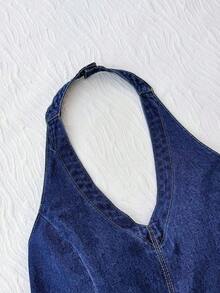 Vestido de mezclilla con espalda descubierta, cuello halter y lazo en la cintura para tallas grandes - Azul lavado oscuro - Ver 4