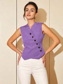 Chaleco corto de mujer de estilo casual de primavera/verano con botones diagonales, estilo de dinero viejo para negocios y ocio - Morado Violeta - Ver 7